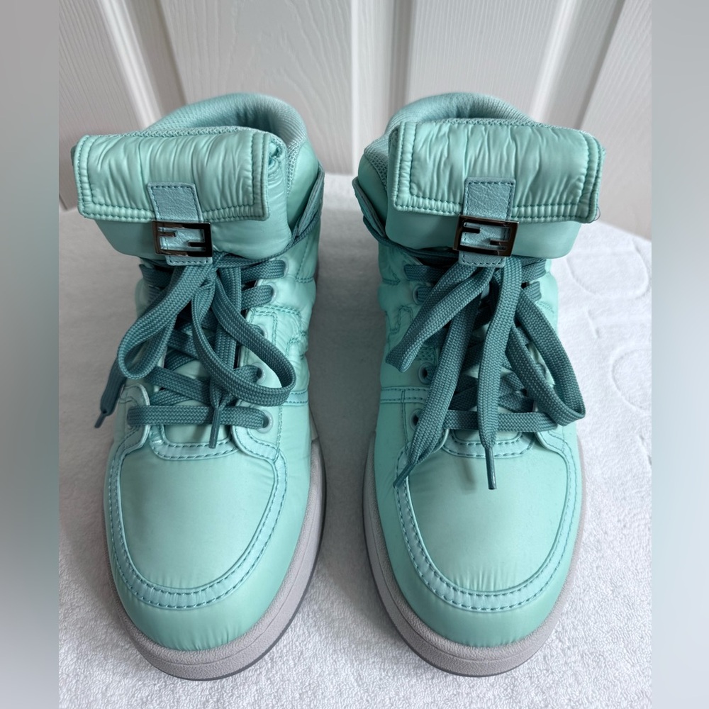 Fendi Women’s Turquoise Nylon Baguette Match High Top Sneakers
